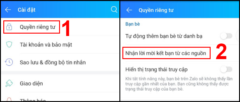 Truy cập Quyền riêng tư để mở Nhận lời mời kết bạn từ các nguồn